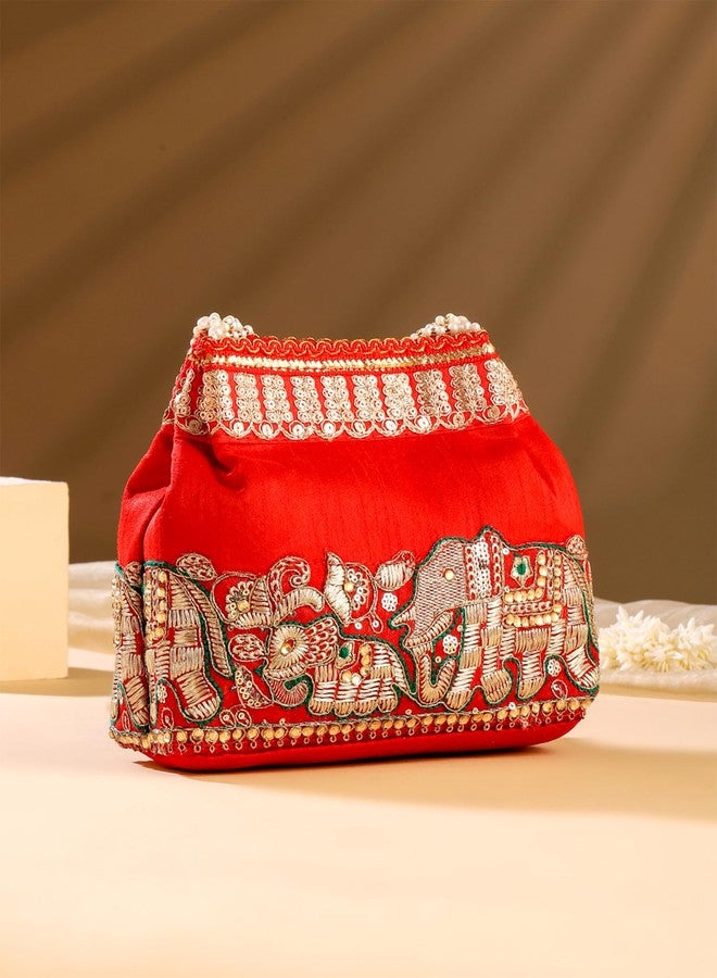 تشيميز أصفر حقائب بوتلي من يلو تشايمز للسيدات | حقائب بوتلي حمراء تقليدية للنساء | حقيبة بوتلي مطرزة يدوياً ومزينة باللؤلؤ | مثالية للحفلات وحفلات الزفاف والمناسبات التقليدية - Image 5